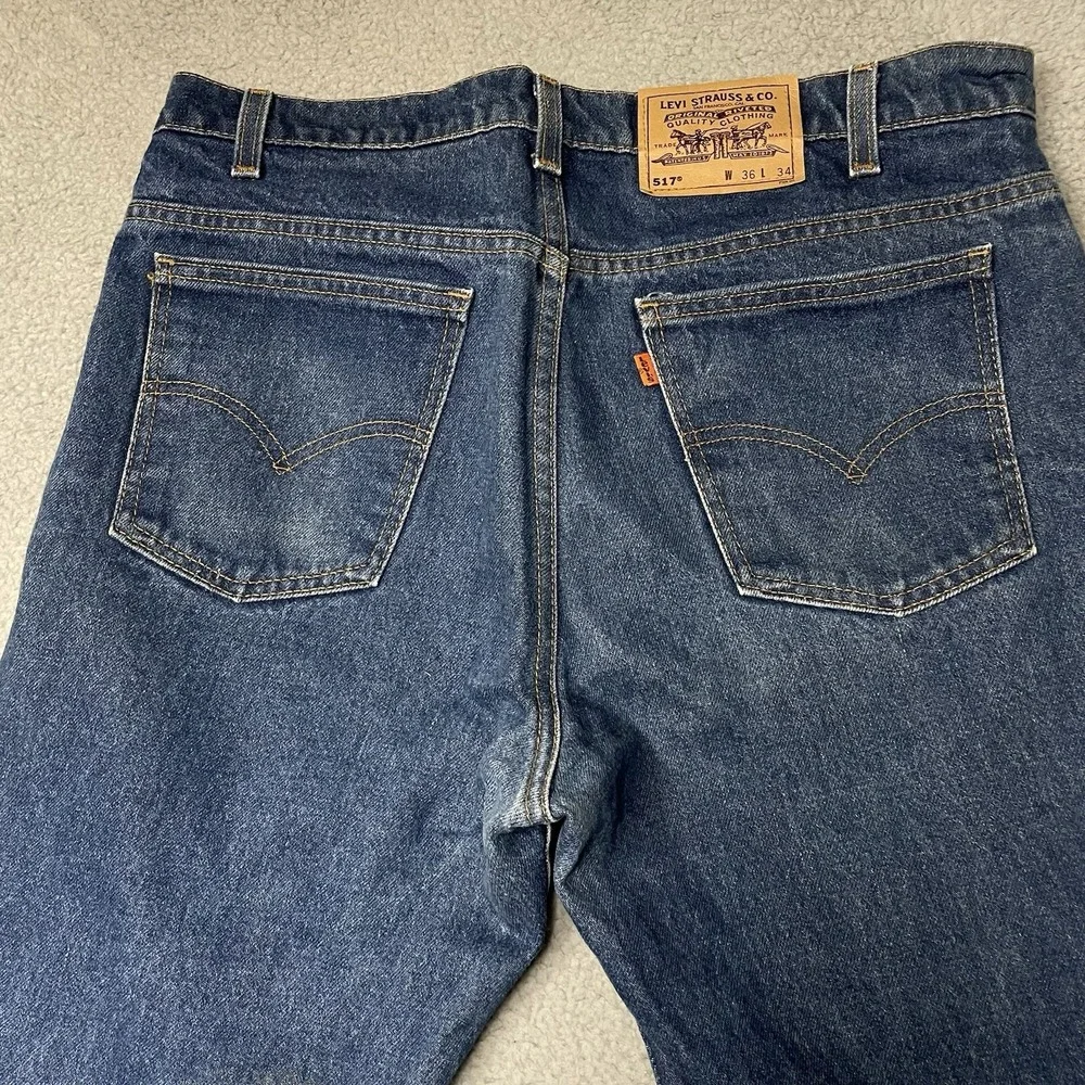 Vintage 90s Levis Jeans Mens 36x34 Blue Denim 517 Boot Cut Orange Tab Made M USA